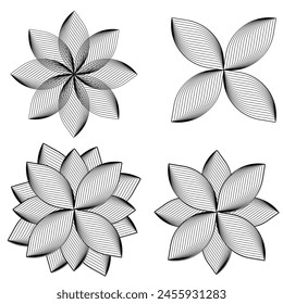 A collection of four stylized flowers, each distinct in petal count and arrangement, is presented with a monochromatic line art technique that emphasizes texture and depth.