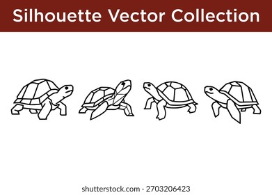 A collection of four stylized, geometric line art silhouettes of tortoises walking in different directions.