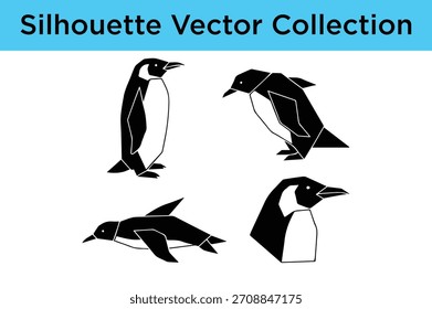 Una colección de cuatro siluetas de pingüino geométricas estilizadas en formato Vector, perfectas para varios proyectos de diseño.
