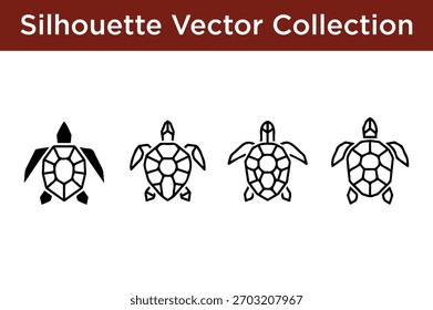 A collection of four stylized geometric turtle silhouettes in black and white.