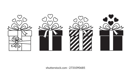 Collection of four stylized gift boxes with ribbons and heart shapes floating above, perfect for celebrations. Vector art.