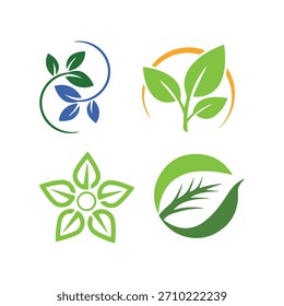 Colección de cuatro logotipos de hojas verdes estilizadas, que simbolizan la naturaleza, el crecimiento y los productos orgánicos. Sencillo, moderno y versátil.