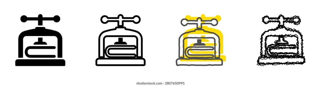 A collection of four stylized icons representing a book press, illustrating different artistic interpretations of the binding and printing equipment