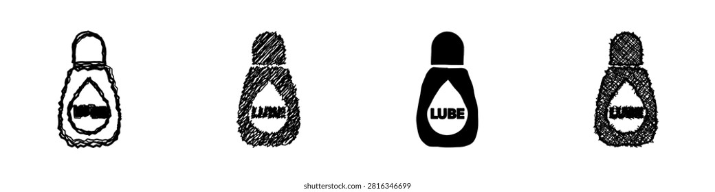 Collection of four stylized icons representing lubricant bottles, each featuring a drop shape and the text 'LUBE' for clear identification