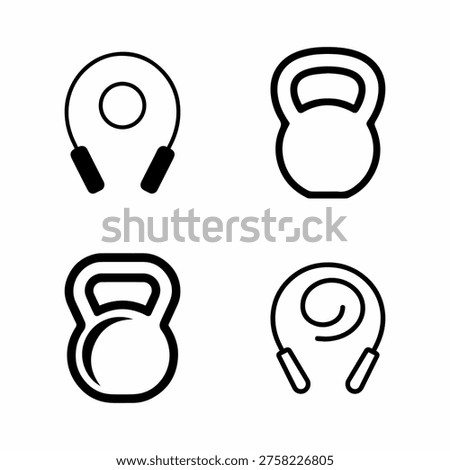 Collection of four stylized icons representing fitness equipment: two kettle bells and two jump ropes, presented in a clean, minimalist line