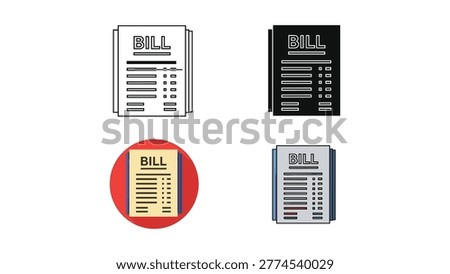 A collection of four stylized icons representing a bill or invoice, designed in various graphic styles for commercial use in finance, accounting, and business applications.