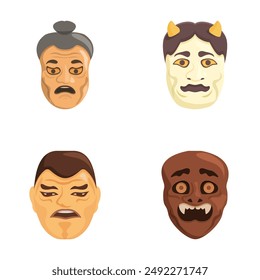 Collection of four stylized japanese noh masks representing different characters and emotions