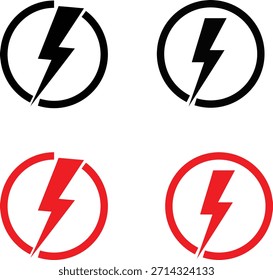 Uma coleção de quatro símbolos estilizados de relâmpago fechados dentro de círculos. Dois ícones são pretos e dois são vermelhos, apresentados sobre um fundo branco.