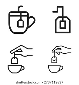 A collection of four stylized line art icons depicting tea preparation and enjoyment.