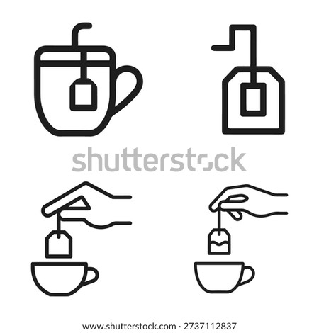 A collection of four stylized line art icons depicting tea preparation and enjoyment.