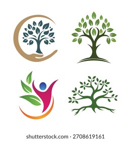 A collection of four stylized logos featuring trees and a human figure, symbolizing growth, nature, and well-being.
