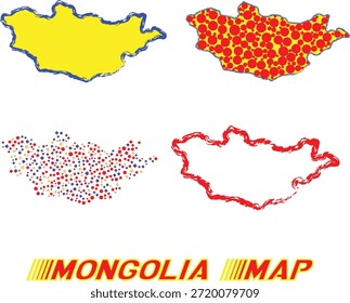 Colección de cuatro variaciones de mapas estilizados de Mongolia, incluidos diseños de trazos de pincel de contorno y puntos de color sólido, que proporcionan diversas opciones gráficas para proyectos de comunicación visual educativos o relacionados con viajes.