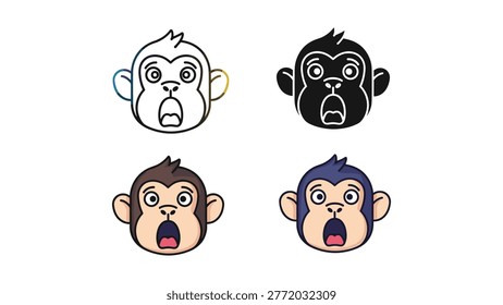 Collection of four stylized monkey faces expressing surprise and shock with open mouths. Ideal for educational content, children's themes, or expressing emotions in design projects.