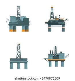 Colección de cuatro gráficos estilizados de plataformas de perforación offshore