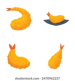 Collection of four stylized shrimp tempura graphics, isolated on white background