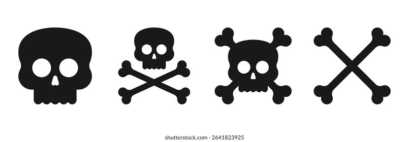 A collection of four stylized skull and crossbones icons presented in silhouette against a plain white background. Varied designs, from simplified to intricate.