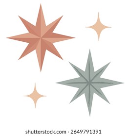 Uma coleção de quatro estrelas estilizadas em pêssego amuado, rosa empoeirada e tons verdes sábios, isoladas em um fundo branco. Elementos de design celeste minimalista.