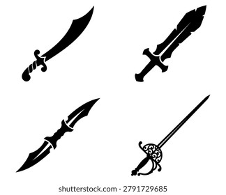 Collection of four stylized sword icons in black silhouette on white. Saber, broadsword, dagger, and rapier. Set of weapons.