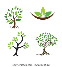 Una colección de cuatro logotipos de árboles estilizados con hojas verdes y troncos marrones o negros, que representan la naturaleza y el crecimiento.