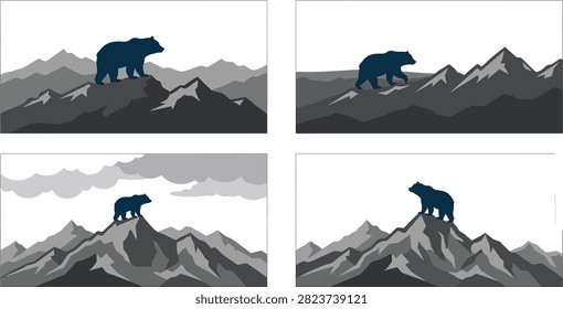 A collection of four stylized vector graphics showing a bear standing on top of rugged mountain landscapes in various poses