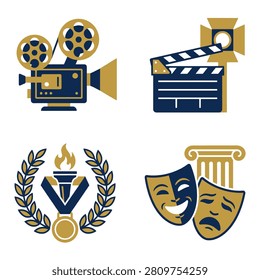 A collection of four stylized vector icons representing film production theater arts and awards featuring a camera clapperboard laurel wreath and drama masks