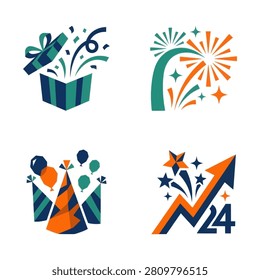 A collection of four stylized vector icons representing celebration events and new year party elements including a gift box fireworks balloons and party hats