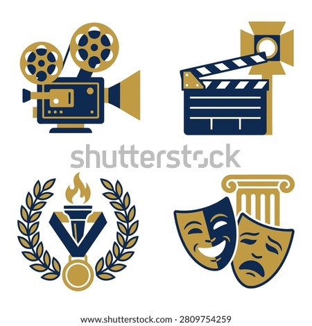 A collection of four stylized vector icons representing film production theater arts and awards featuring a camera clapperboard laurel wreath and drama masks