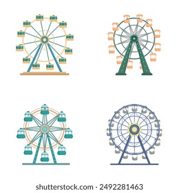 Collection of four stylized vector illustrations of ferris wheels in various colors