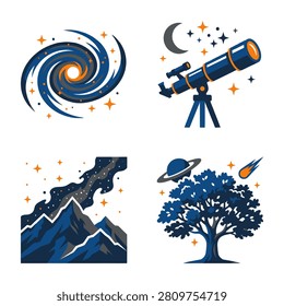 A collection of four stylized vector illustrations depicting space themes including a spiral galaxy telescope under the moon mountain range and a tree under a starry sky