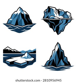 Collection of four stylized vector illustrations depicting blue icebergs and snowy mountain peaks floating in dark ocean waves.