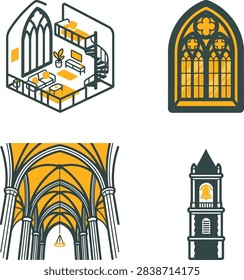 A collection of four stylized vector illustrations featuring gothic architectural elements, including a modern interior, a stained glass window, a vaulted ceiling, and a bell tower.