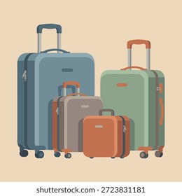 Uma coleção de quatro malas de diferentes tamanhos e cores, pronto para uma viagem.