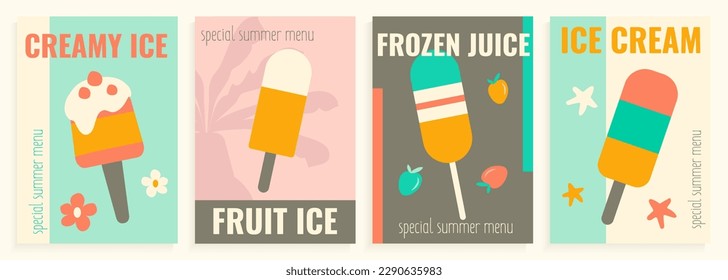 Collection of four summer posters with ice cream, advertising cafe and restaurant graphic posters in a flat style.