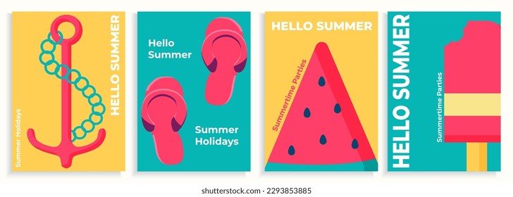 Collection of four summer posters with summertime leisure objects in a flat style, summer brochures, flyers, cards.