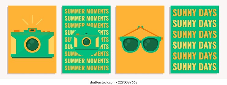 Collection of four summer posters, templates, vector illustrations of summer days in a flat style.