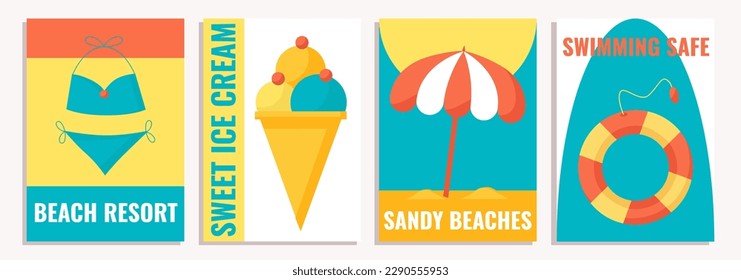 Collection of four summer posters, templates, vector illustrations of summer days in a flat style.