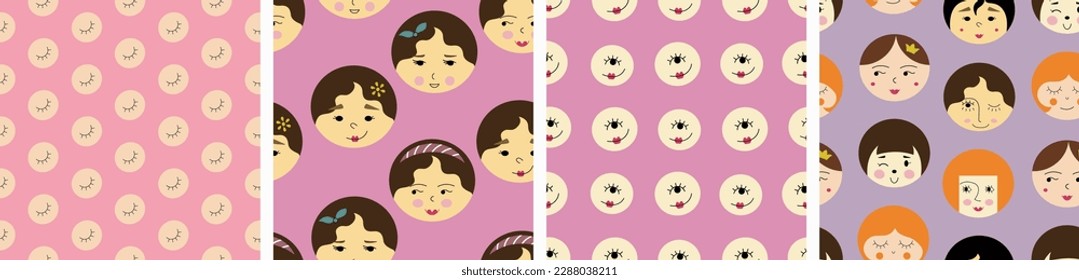 Collection of four surface patterns, attractive girlish faces. Colored seamless background, woman look, repeatable print
