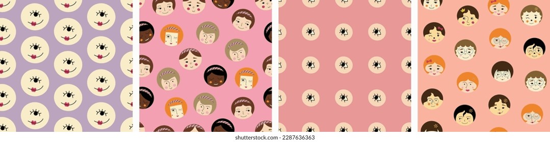 Collection of four surface patterns, beautiful girlish faces. Repeatable texture, multipurpose use, female appearance, seamless colorful design
