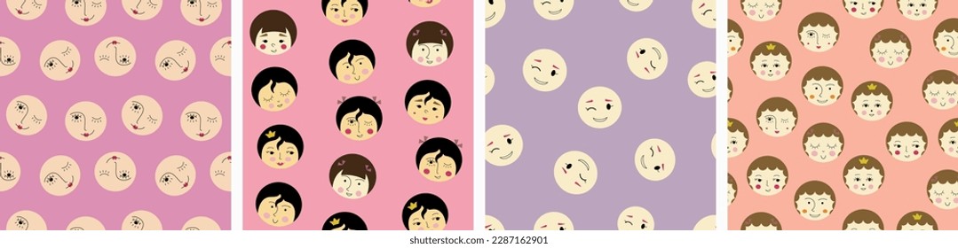 Collection of four surface patterns, young girlish faces. Different repeatable prints, female portrait, creative branding design
