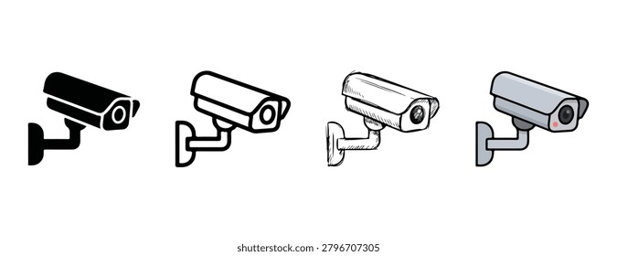 Collection of four surveillance security cameras in different artistic styles including a solid black icon a simple outline sketch and a colored vector