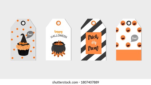 Collection of four texture Halloween ready to use gift tags. Set of 4 printable hand drawn holiday label. Vector seasonal badge design. 