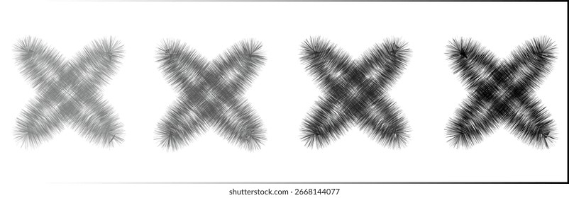 A collection of four textured "X" marks in varying shades of black and gray. This monochrome set is perfect for grunge-themed designs, creative branding, and minimalist digital graphics.