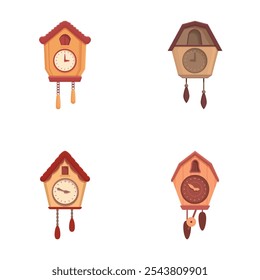 Collection of four traditional cuckoo clocks with intricate designs, isolated on a white background