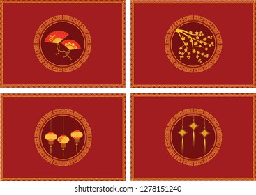 Collection of four traditional red packets or envelopes for Chinese New year.