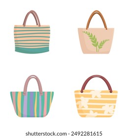 Collection of four trendy tote bags in various designs isolated on a white background