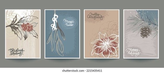 Colección de cuatro tarjetas de Navidad vectoriales de moda con árboles dibujados a mano, animales, copos de nieve y textura abstracta. Incluye la escritura a mano de vacaciones. Juego de afiches.