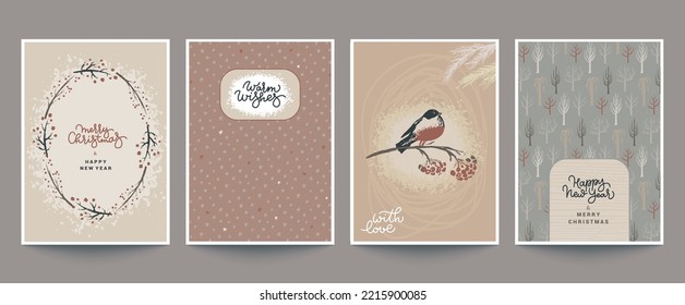 Collection of four trendy vector Christmas cards with hand drawn trees, animals, snowflakes and abstract texture. Includes holiday handwritten lettering. Posters set.