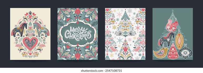 Colección de cuatro tarjetas de Navidad de Vector de moda con Elementos de vacaciones dibujados a mano, copos de nieve. Ornamento popular escandinavo. Incluye letras escritas a mano de vacaciones.