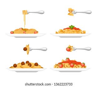Collection Of Four Type Pasta Dish. Pasta On White Plate. Flat Vector Illustration Isolated On White Background. Ready To Eat Food From Restaurant Or Cafe.