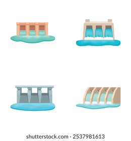 Collection of four types of colorful, stylized dam illustrations isolated on white background